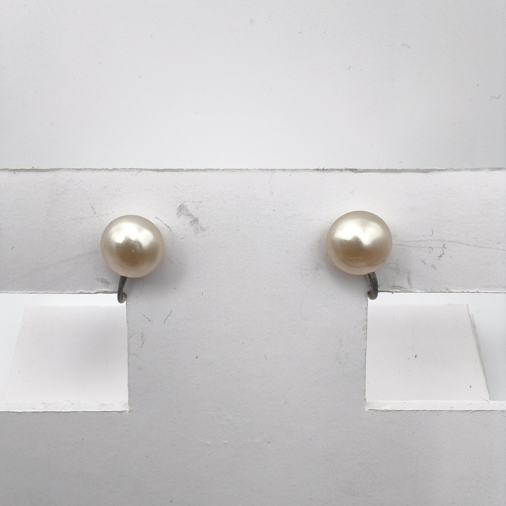Vintage Sterling Silver Faux Pearl Screw Back Earrings - 1930s-1950s